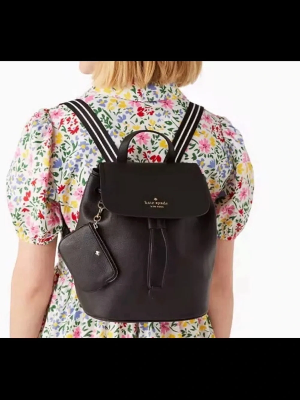 kate spade Black Pebbled Leather Drawstring Backpack with Pouch